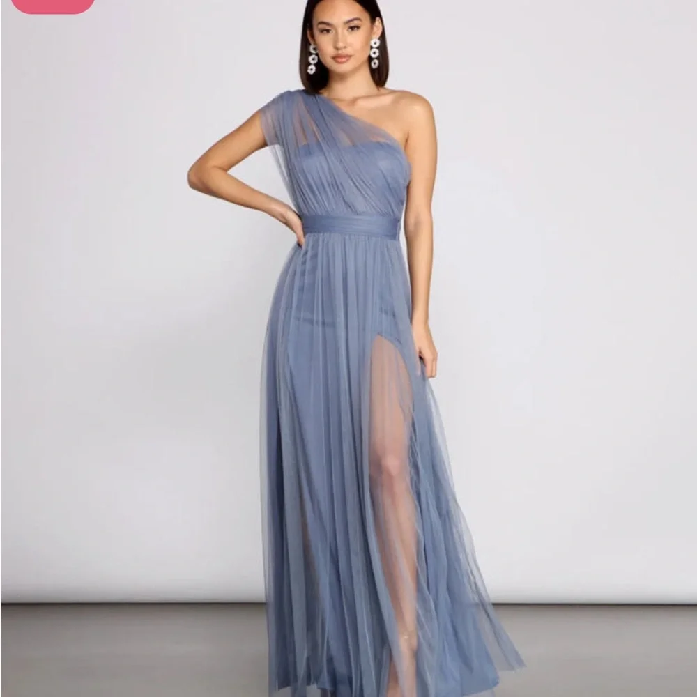 Windsor One-Shoulder Slate Blue Gown - Picture 1 of 8